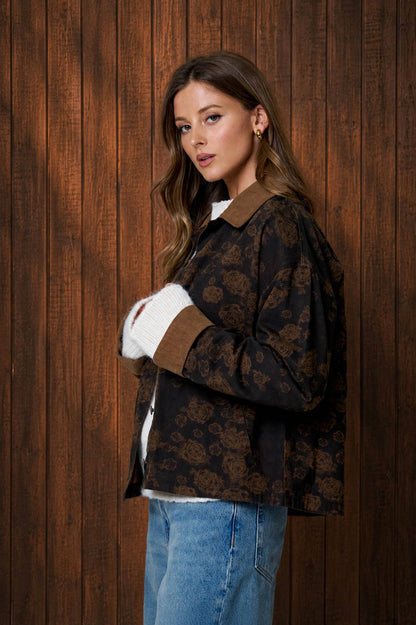 Floral Denim Jacquard Corduroy Collar Jacket