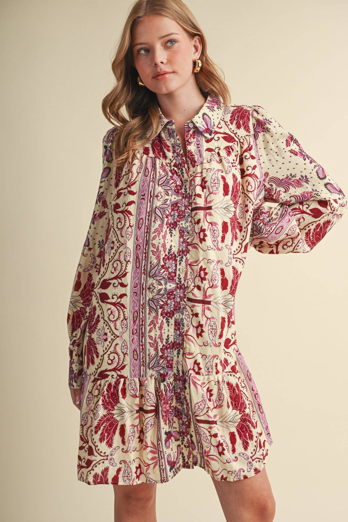 Fuchsia Paisley Print Button Down Mini Dress