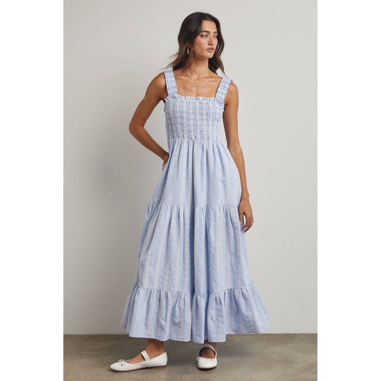 STRIPED SMOCKED MAXI DRESS