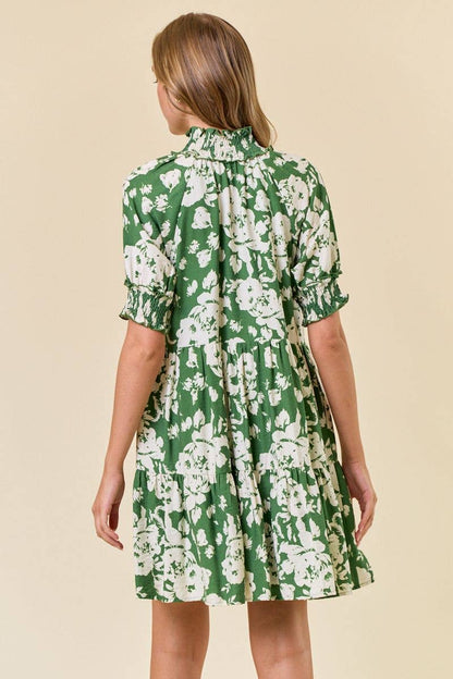 Green Floral Print Split V-Neck Puff Short Sleeve Dress