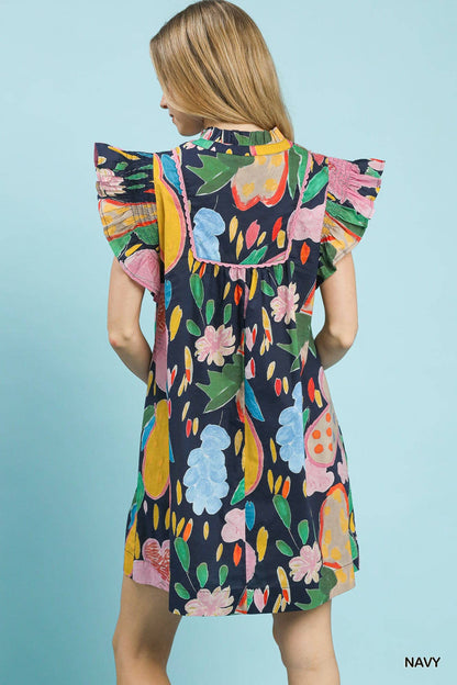 Abstract Floral Ruffle Sleeve Dress