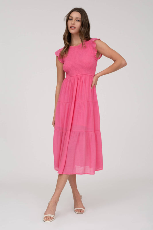 Pink Smocked Top Tiered Midi Dress