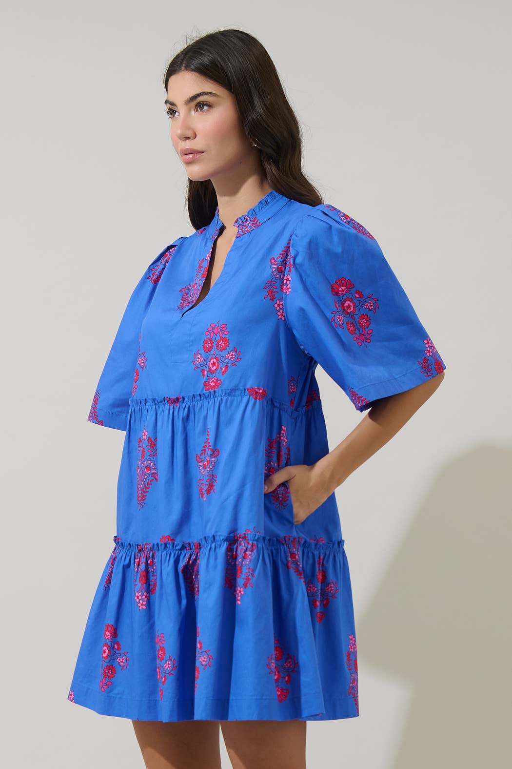 Blue with Pink Floral Dixie Split Neck Shift Dress