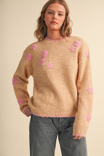 Desert Rose Scalloped Edge Pullover Sweater with Hand Embroidered Floral