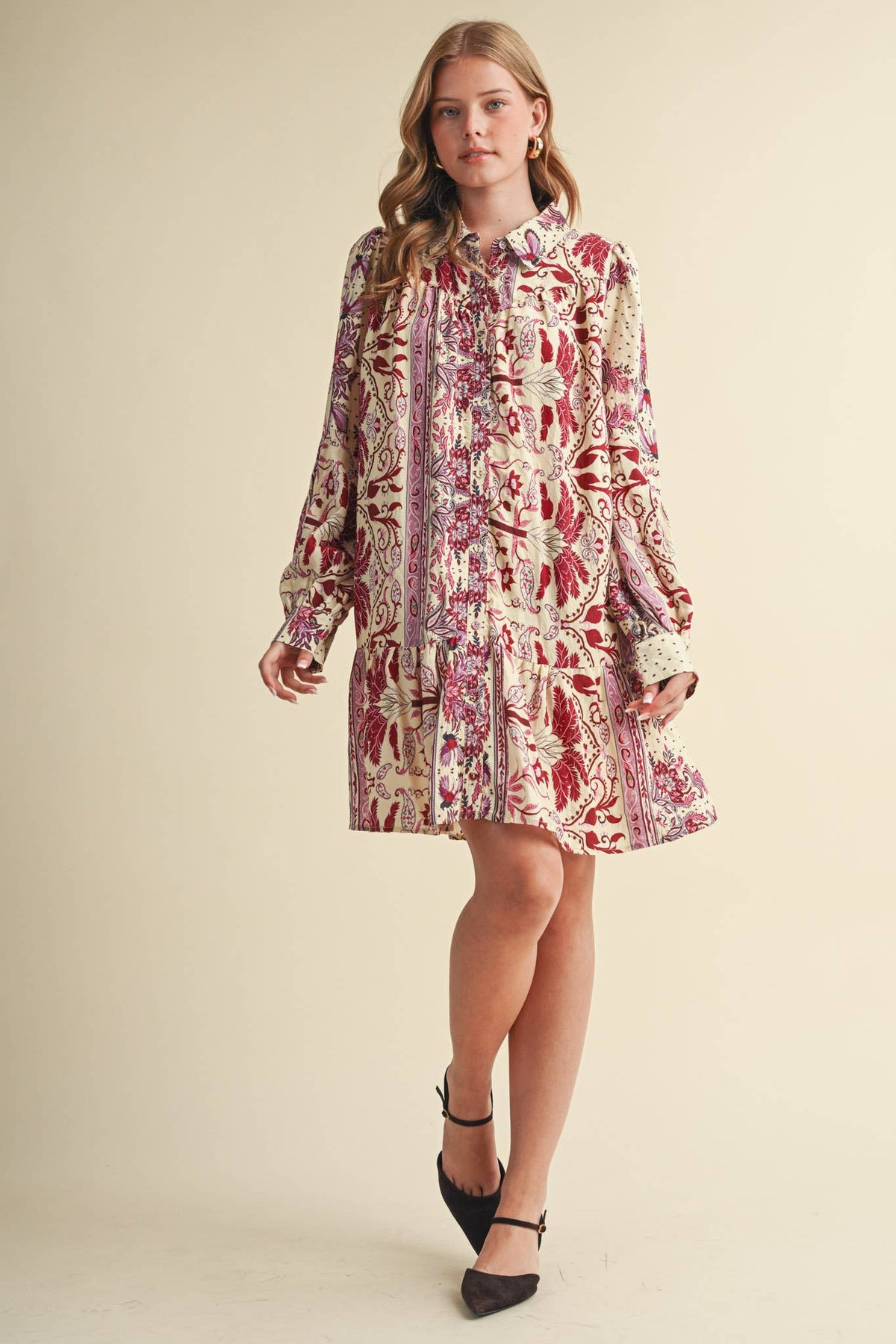 Fuchsia Paisley Print Button Down Mini Dress
