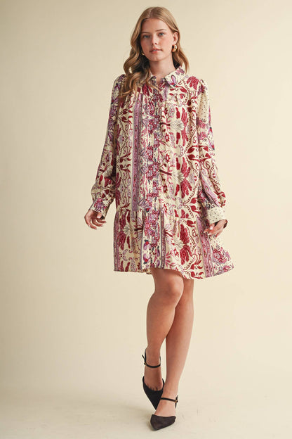 Fuchsia Paisley Print Button Down Mini Dress