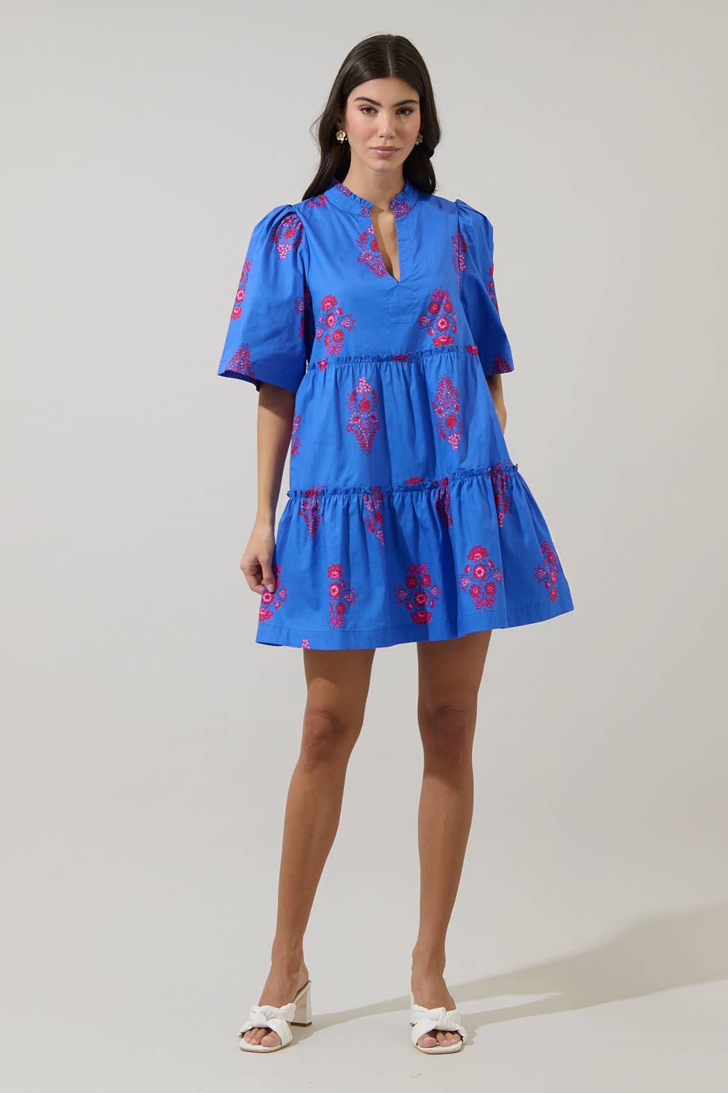 Blue with Pink Floral Dixie Split Neck Shift Dress