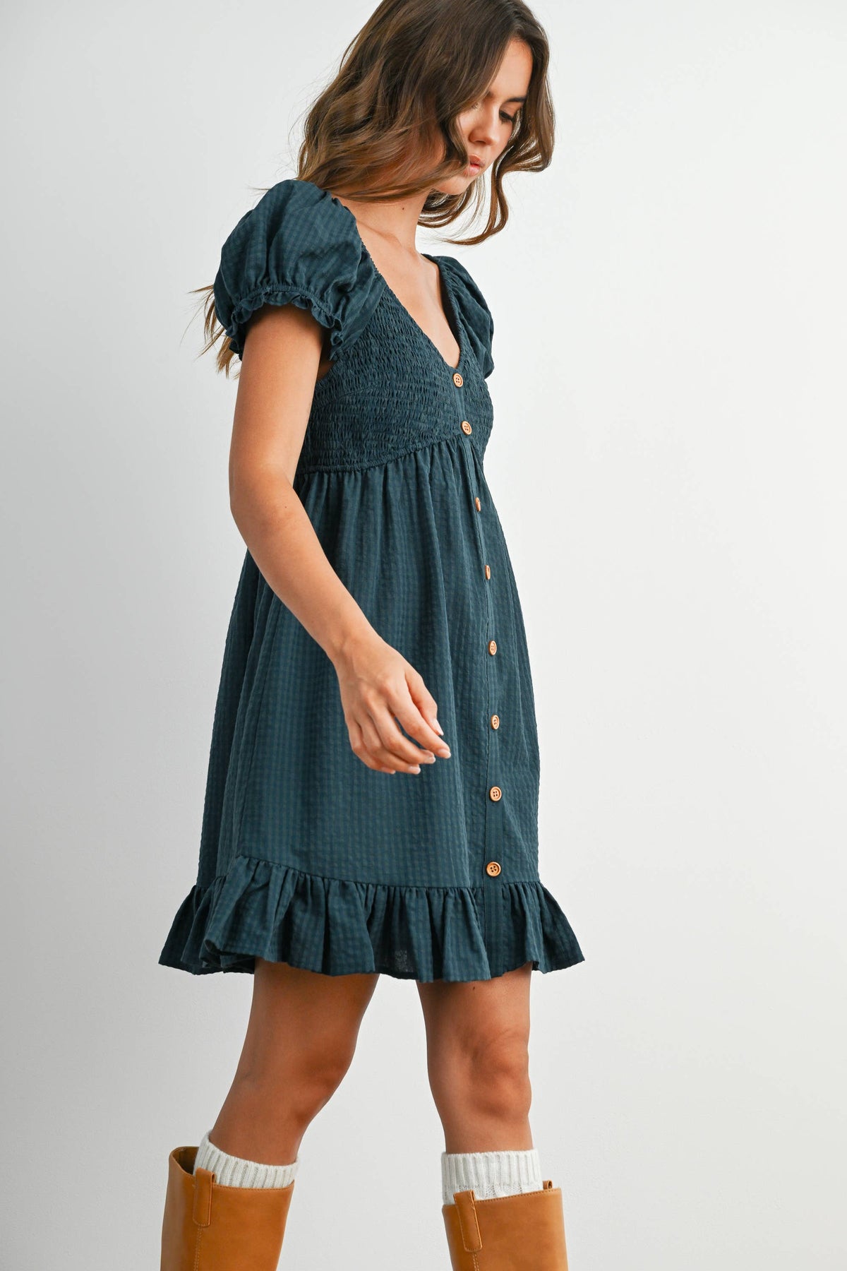 Dark Green Gingham Button-Front Mini Dress