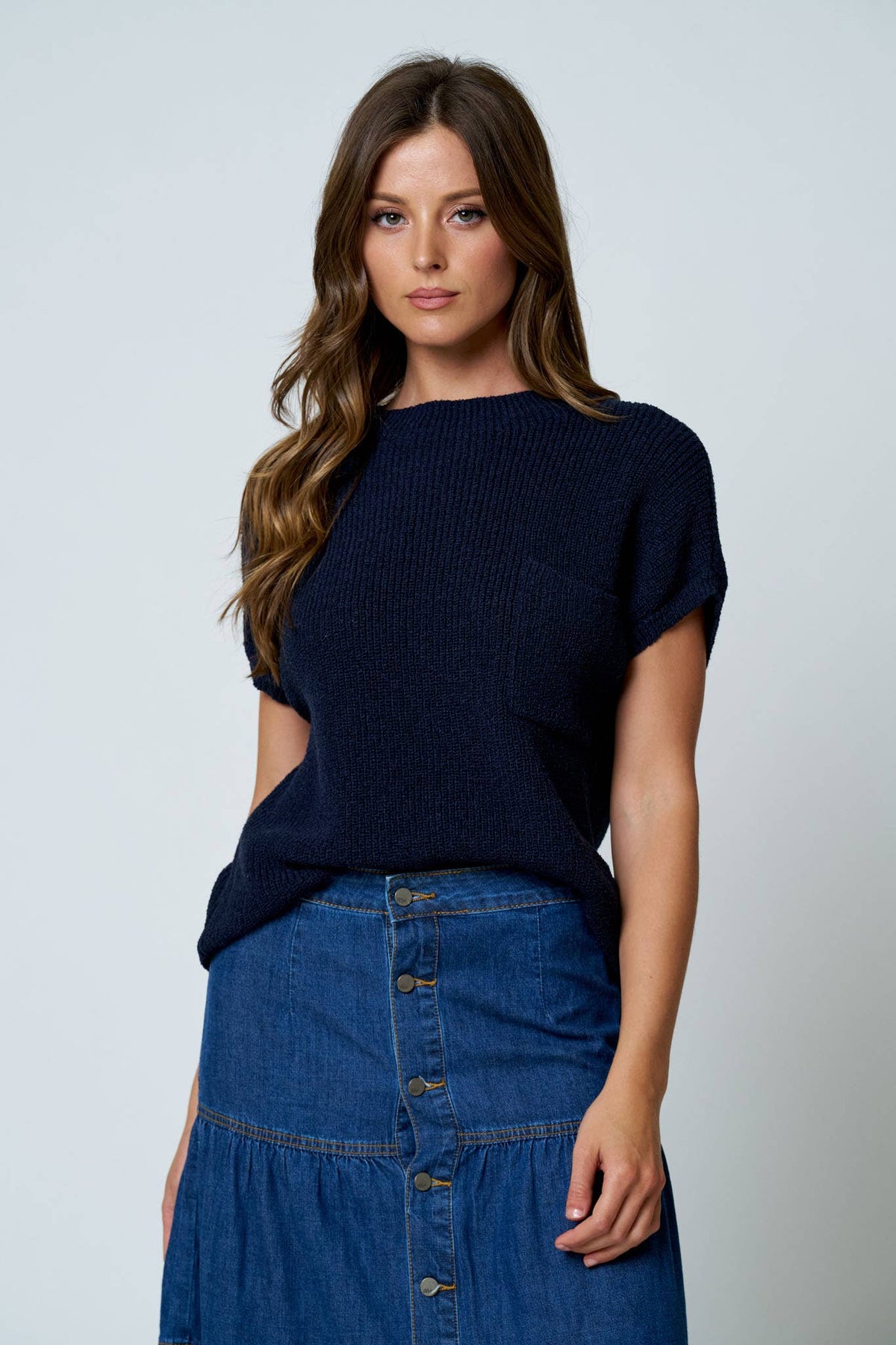 Navy Drop Shoulder Short Sleeve Sweater with Pocket