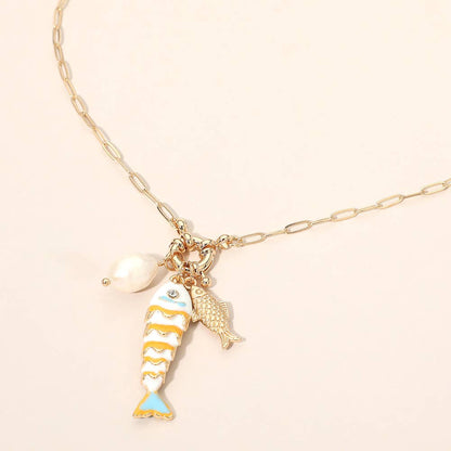 Pearl Fish Charm Pendant Necklace