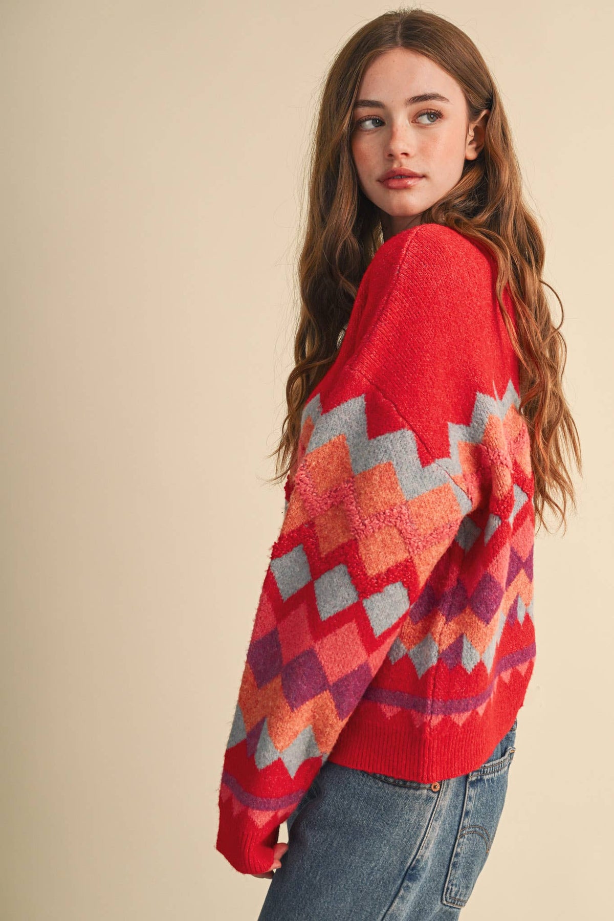 Fuzzy Texture Red Geometric Knit Sweater