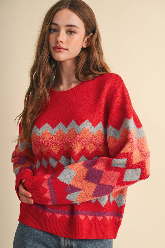 Fuzzy Texture Red Geometric Knit Sweater