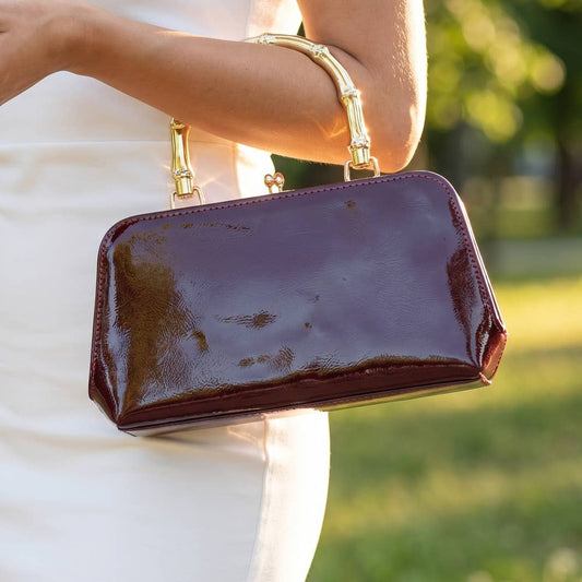 Patent Vegan Leather Bamboo Handle Frame Bag