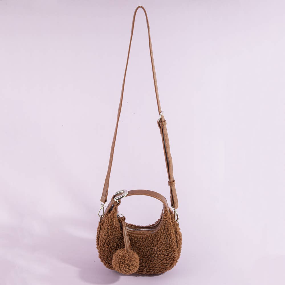 Sherpa Fleece Pom Charm Hobo Bag