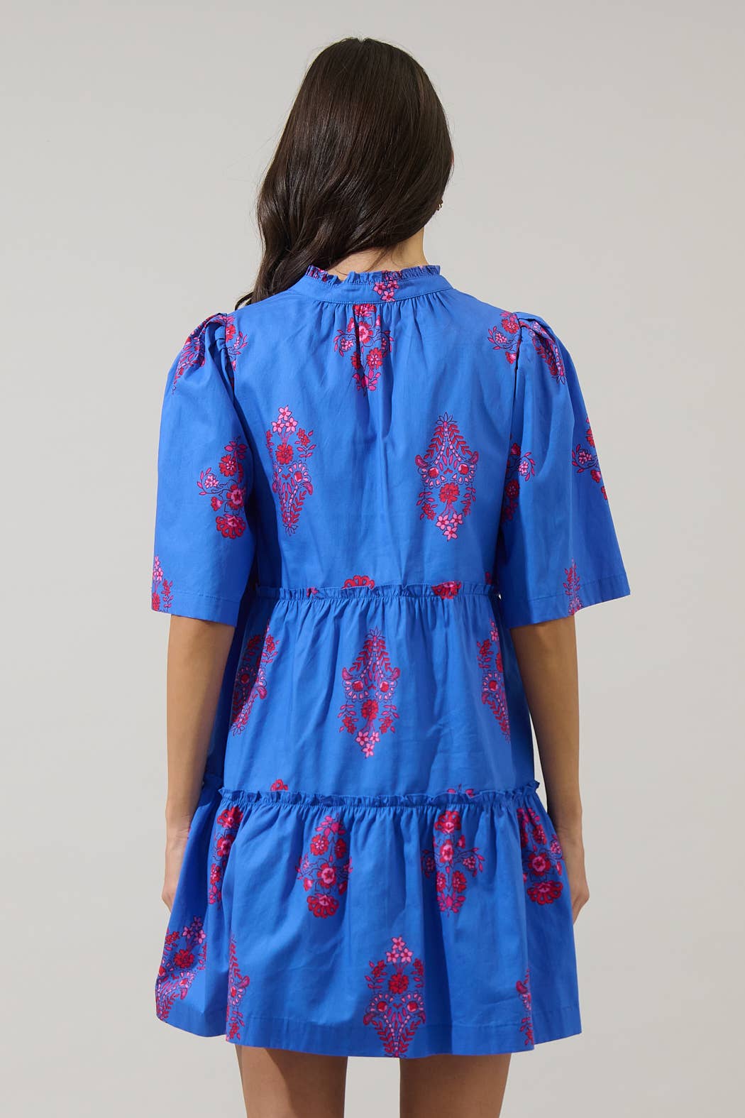 Blue with Pink Floral Dixie Split Neck Shift Dress