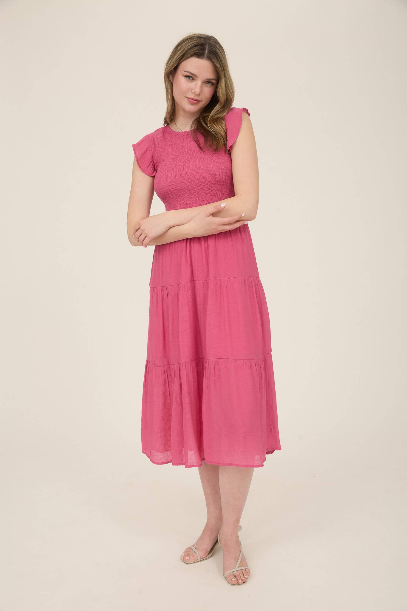 Pink Smocked Top Tiered Midi Dress
