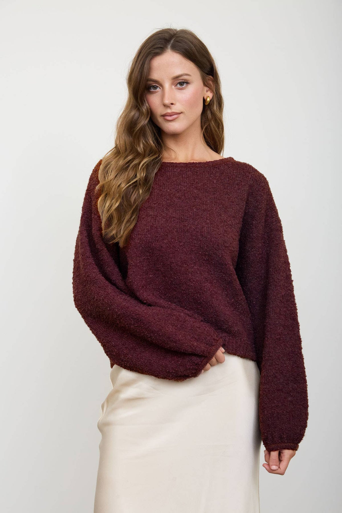 Burgundy Long Sleeve Fuzzy Knit Pullover Sweater