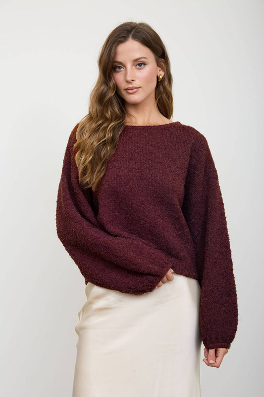 Burgundy Long Sleeve Fuzzy Knit Pullover Sweater