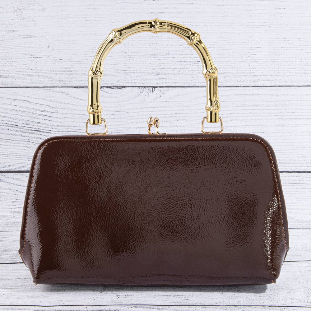 Patent Vegan Leather Bamboo Handle Frame Bag