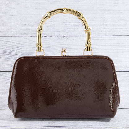 Patent Vegan Leather Bamboo Handle Frame Bag