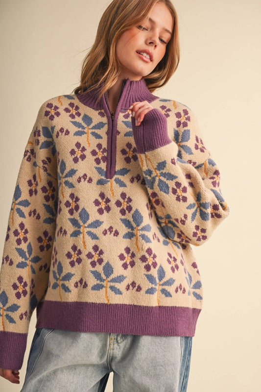 Floral Print Beige and Plum Knit Mock Neck Half Zip Pullover Sweater