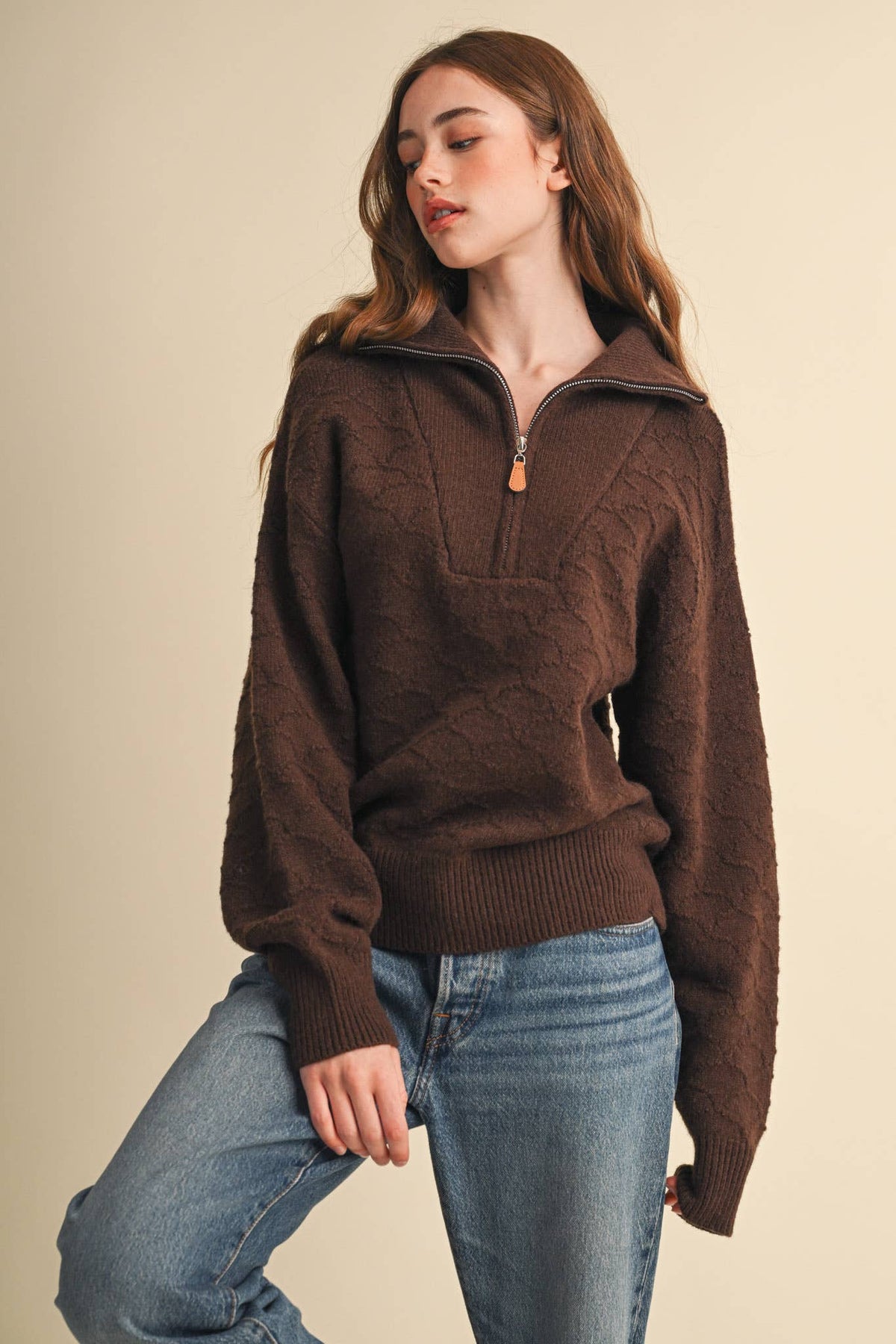 Shell Stitch Chocolate Brown Mock Neck Half Zip Pullover Sweater