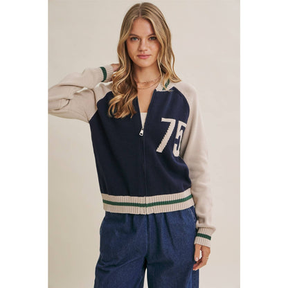 Varsity Collegiate Zip Front Cotton Sweater Bomber Jacket