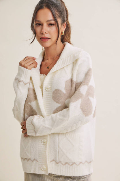 French Cottage Floral Intarsia Sweater Jacket Cardigan