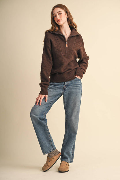 Shell Stitch Chocolate Brown Mock Neck Half Zip Pullover Sweater