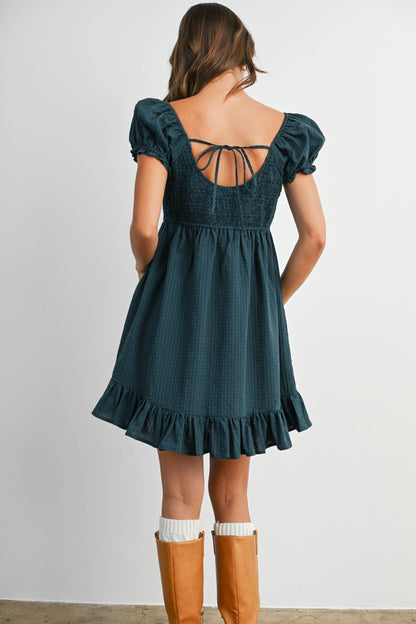 Dark Green Gingham Button-Front Mini Dress