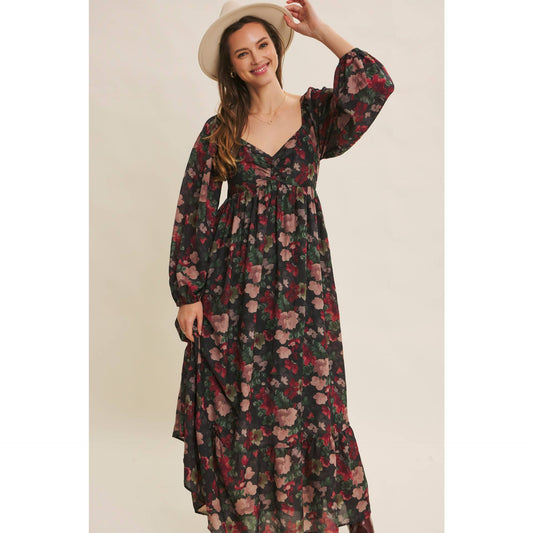 Black and Wine Autumn Floral Crinkled Smocked Maxi Dress