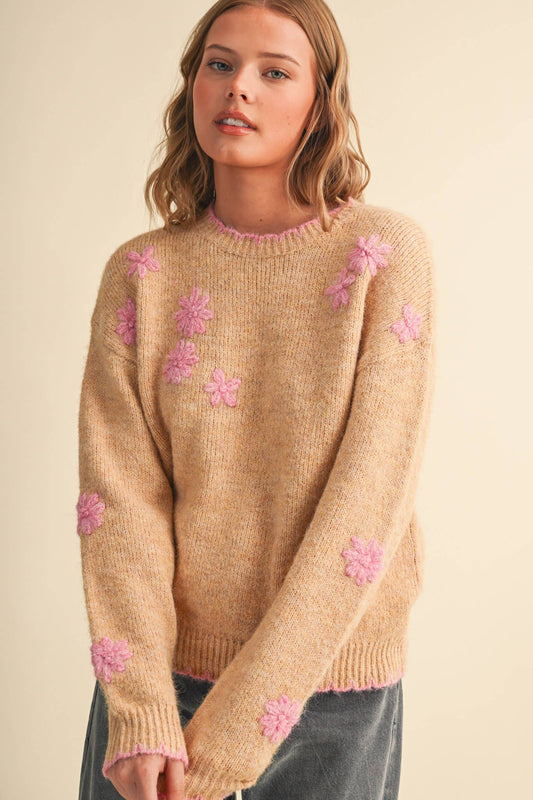 Desert Rose Scalloped Edge Pullover Sweater with Hand Embroidered Floral