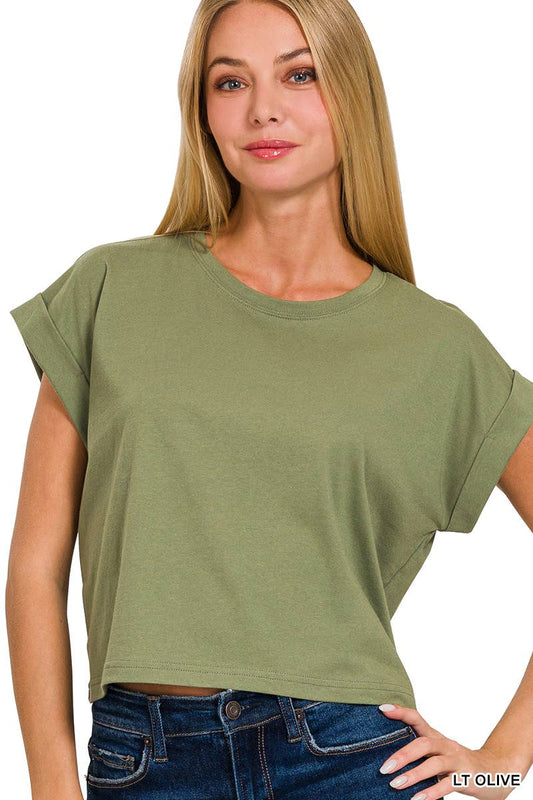 Olive Green Cotton Short Sleeve Crop Tee