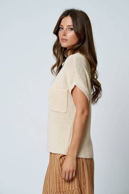 Outmeal Drop Shoulder Short Sleeve Sweater with Pocket
