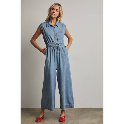COTTON DENIM BUTTON-UP JUMPSUIT