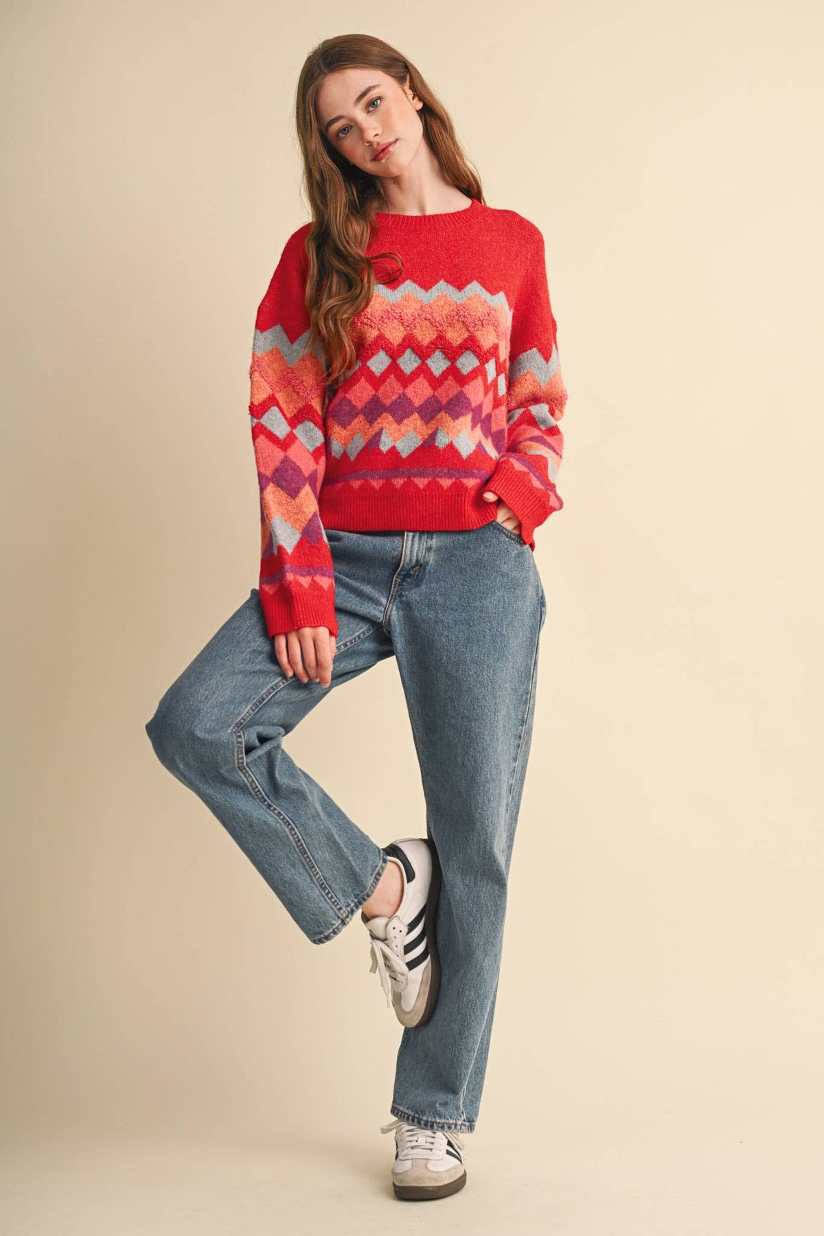 Fuzzy Texture Red Geometric Knit Sweater