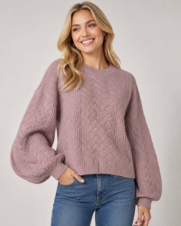 Balloon Sleeve Cable Knit Sweater