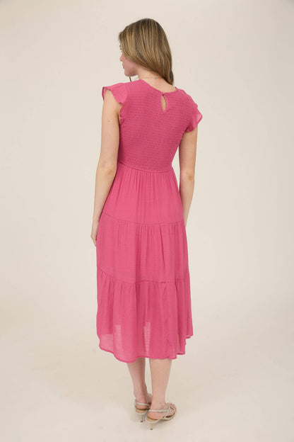 Pink Smocked Top Tiered Midi Dress